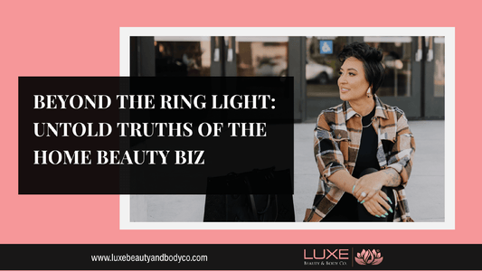 Shara Gabaldon of Luxe Beauty & Body Co. outside a studio, with blog title ‘Beyond the Ring Light’ spotlighting the real home beauty biz journey.