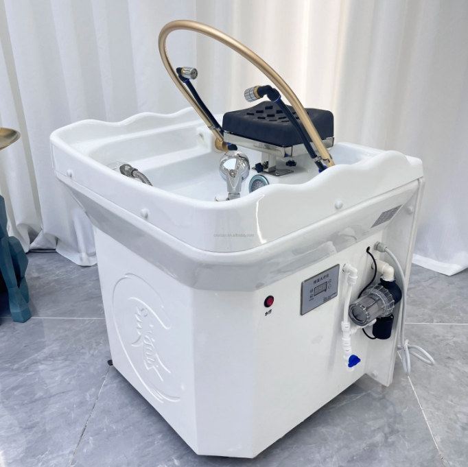 Scalp Massage Sink – Non-Plumbed with Tank technical breakdown showing drain system, refillable tank, and material finish