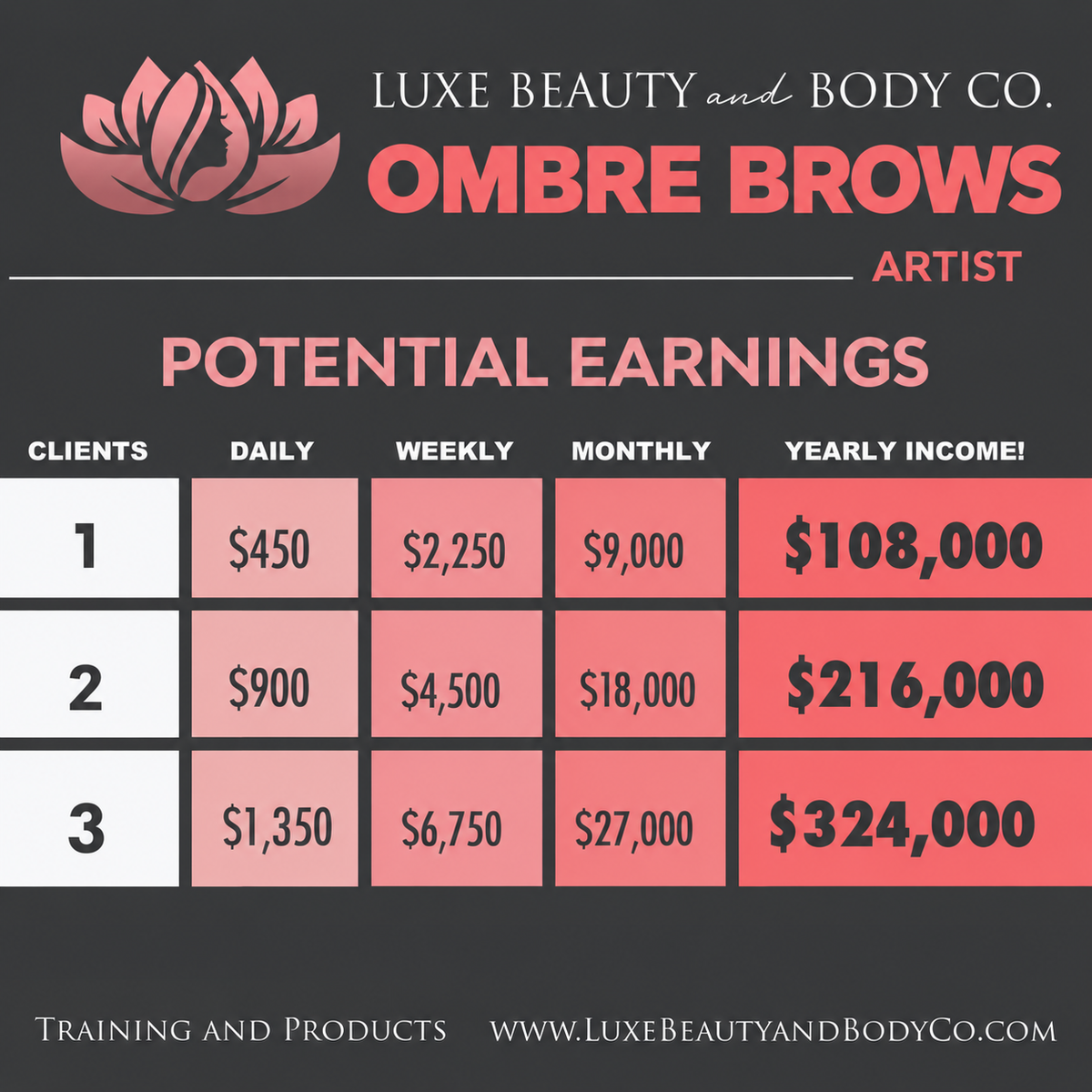 Ombre Brows Artist potential earnings chart